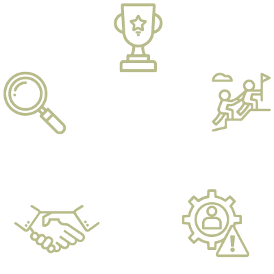 Devine development logo surrounded by the trophy, team work, magnifying glass, handshake, and risk icons